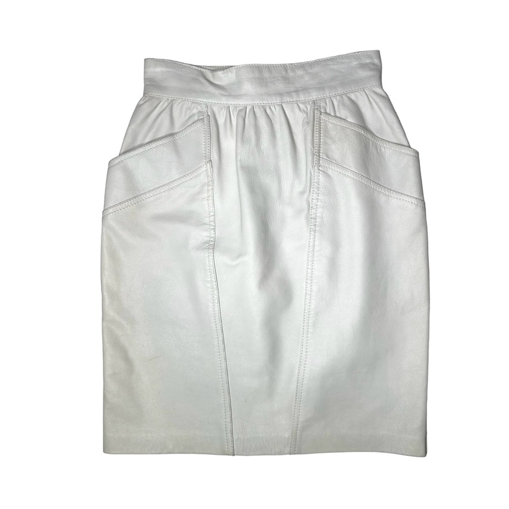 Vintage 80s Lily Simon White Genuine Leather Pencil Skirt Slant Pockets XS